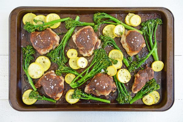 coverhead of sheet pan chicken thighs in the oven