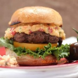straight on shot of pimento cheese burger