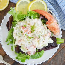 overhead of cold lobster salad on a plate with greens