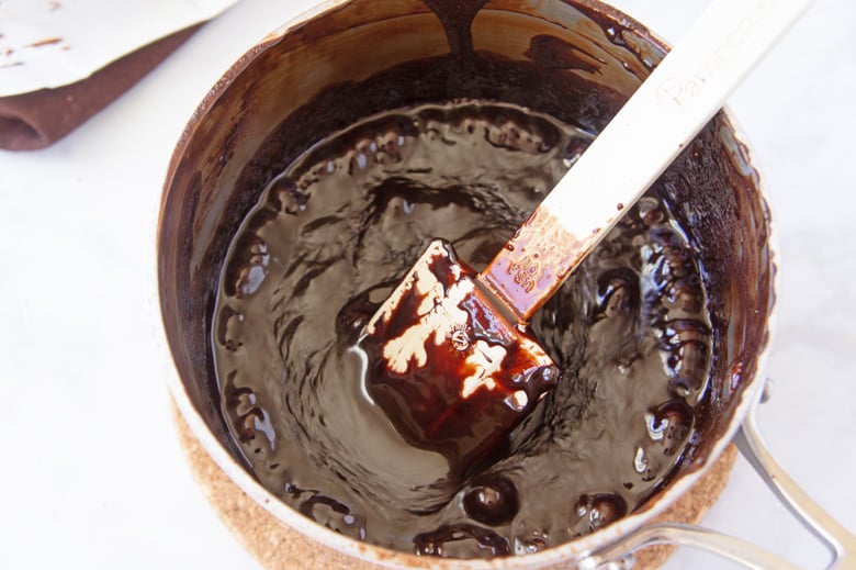 homemade fudge sauce in a saucepan 