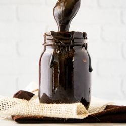 jar of fudge sauce with a spoon dipping in