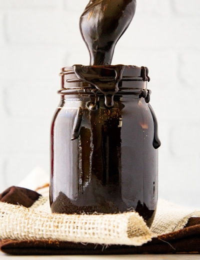 jar of fudge sauce with a spoon dipping in