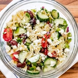 overhead greek pasta salad in a bowl