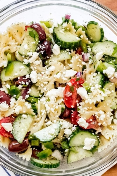 overhead greek pasta salad in a bowl