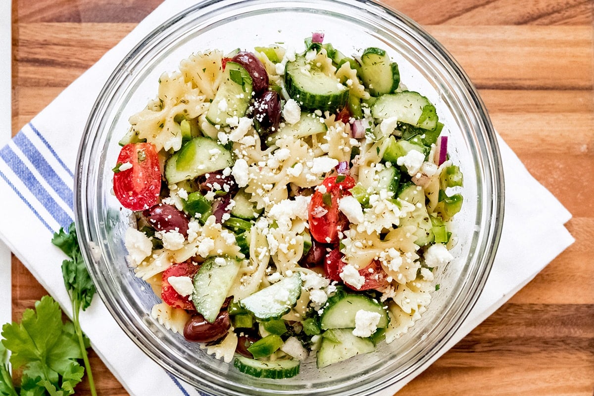 overhead greek pasta salad in a bowl