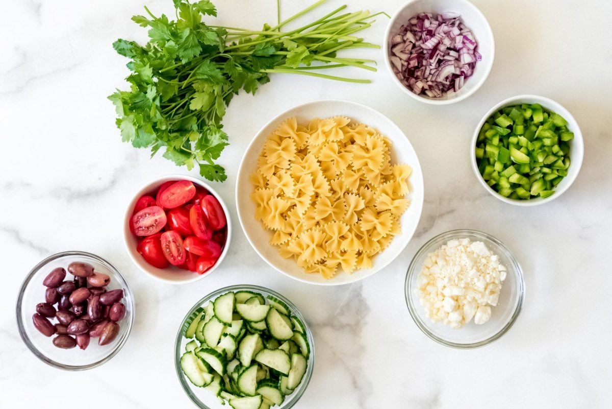 ingredients for Greek pasta salad 