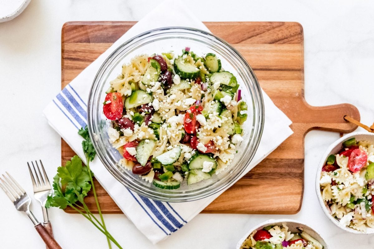 served cold pasta salad with Greek flavors 