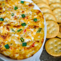 pimento cheese chicken dip in a dish with crackers