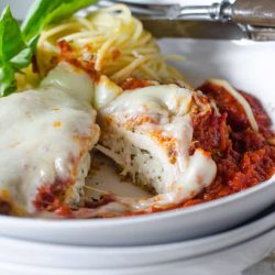 stuffed chicken parm cut in half