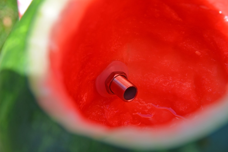 A close up of the inside of a watermelon with spigot installed 