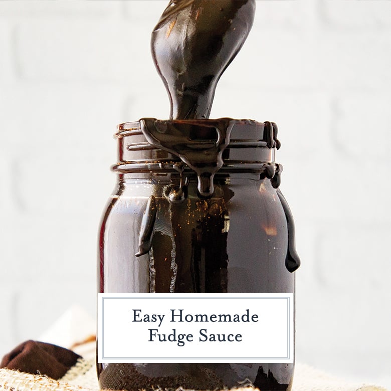 homemade fudge sauce dropping off a spoon into a mason jar  