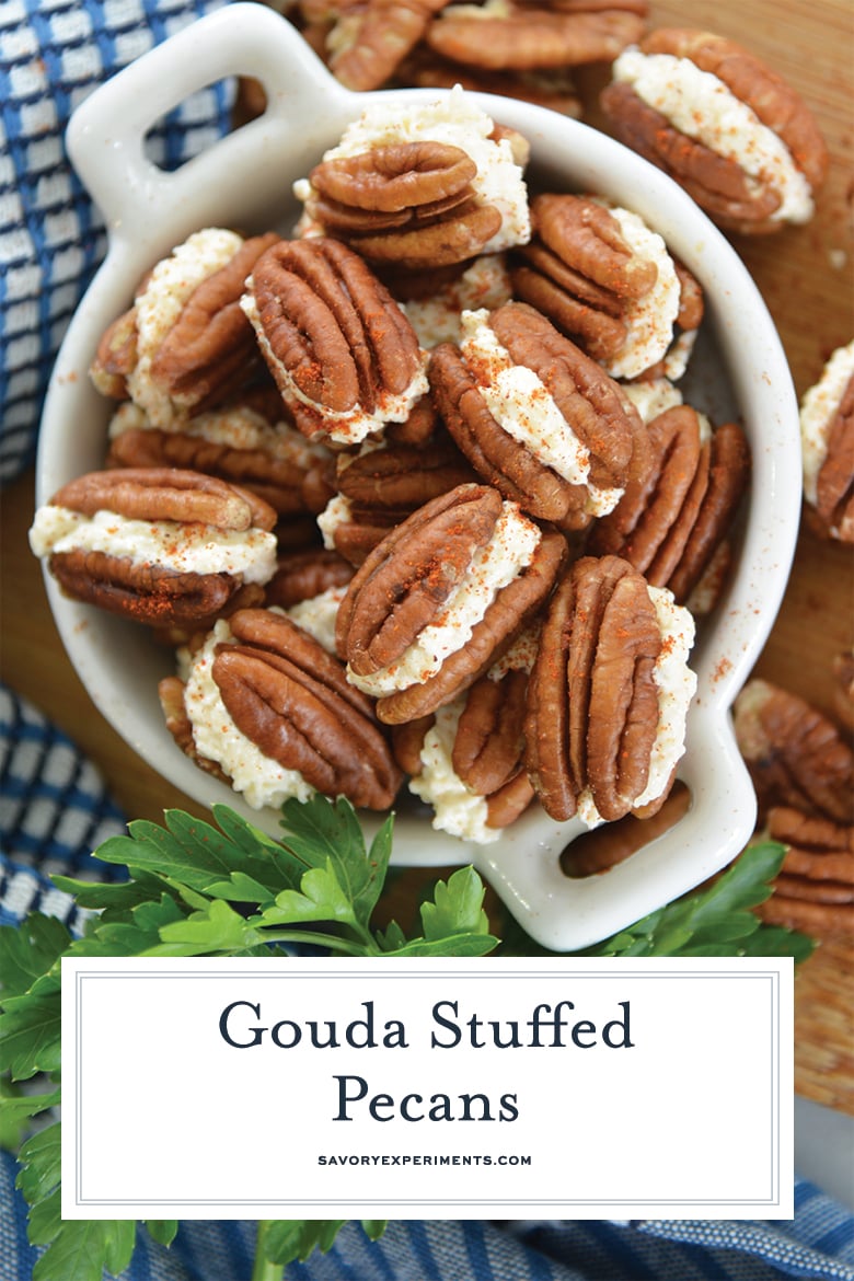 close up of stuffed gouda pecans for pinterest  