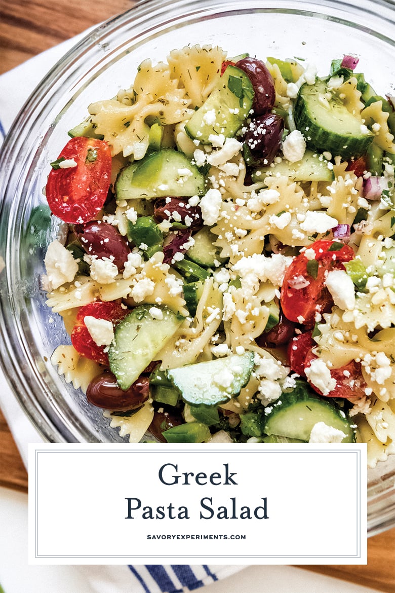 Close up of Greek pasta salad for Pinterest 