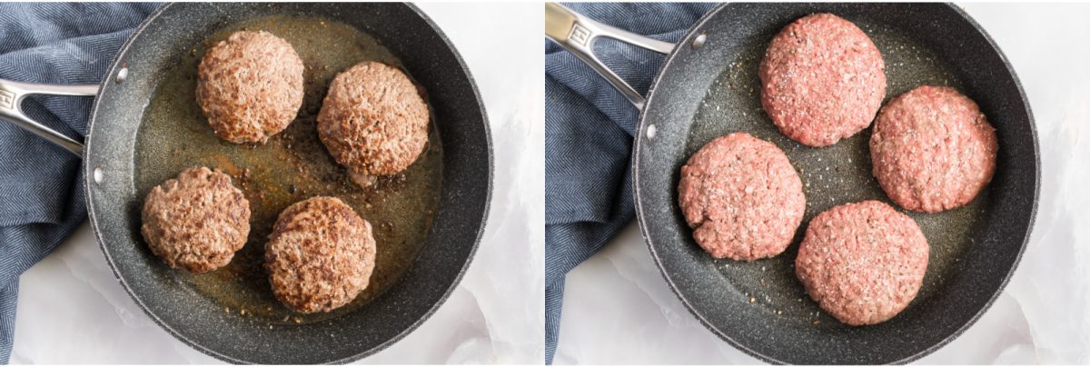 collage of cooking burgers in skillet