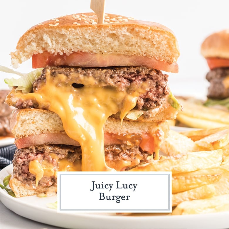 stacked juicy lucy burger with cheese oozing out of the center with text overlay for facebook