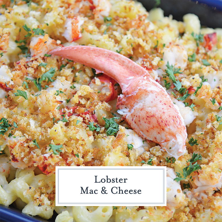lobster claw meat on top of baked mac and cheese 