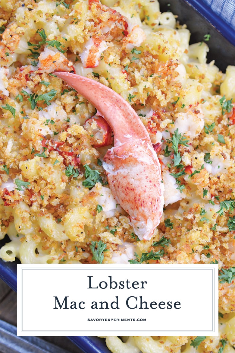 close up of lobster meat on baked lobster mac and cheese