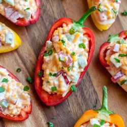 overhead shot of pimento cheese stuffed peppers