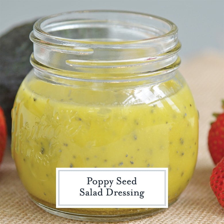 close up of poppy seed dressing in a mason jar 