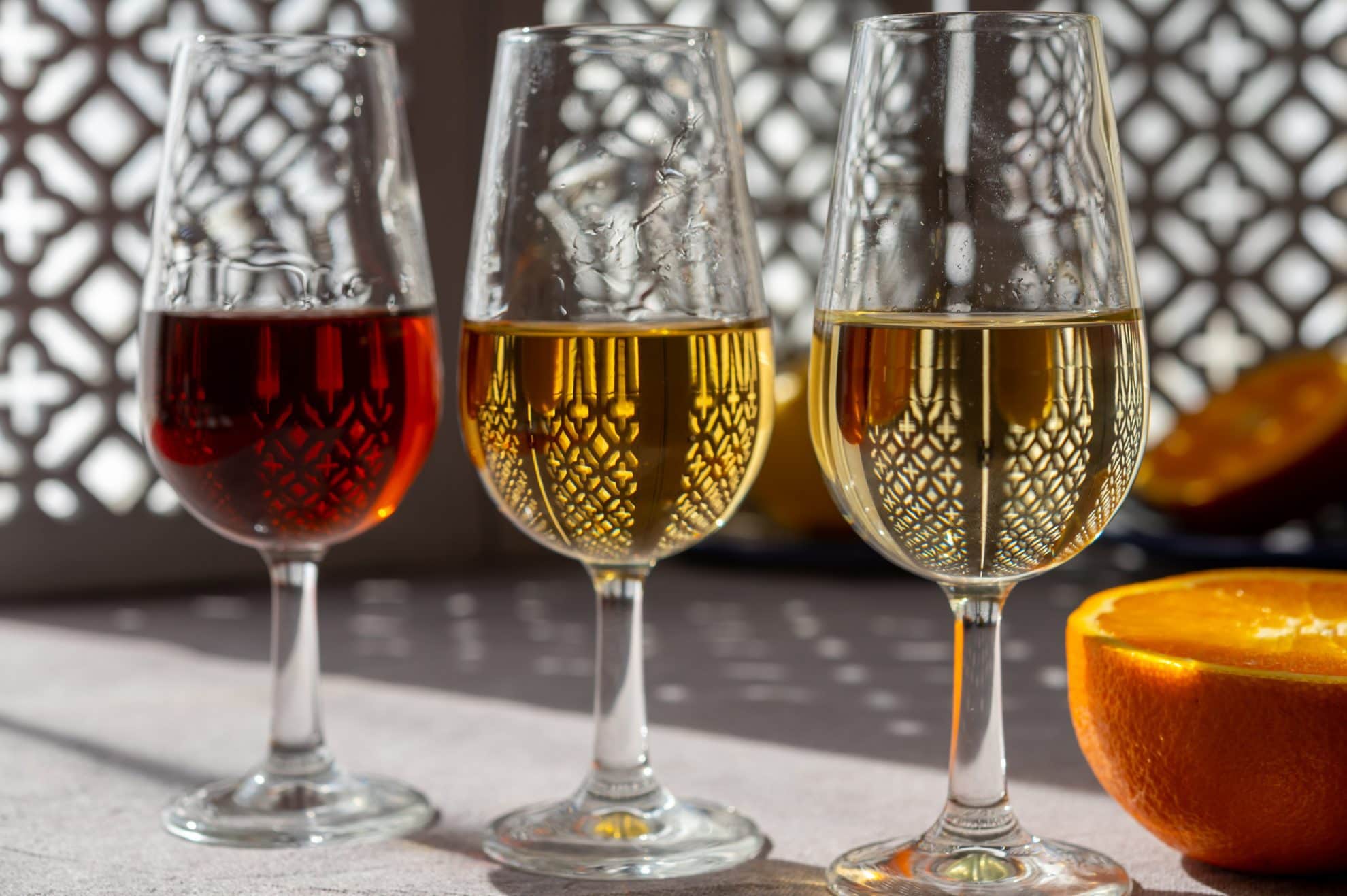 three glasses of sherry wine 