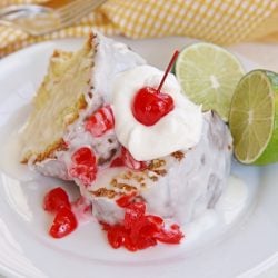 angled shot of slice of 7 up pound cake on plate
