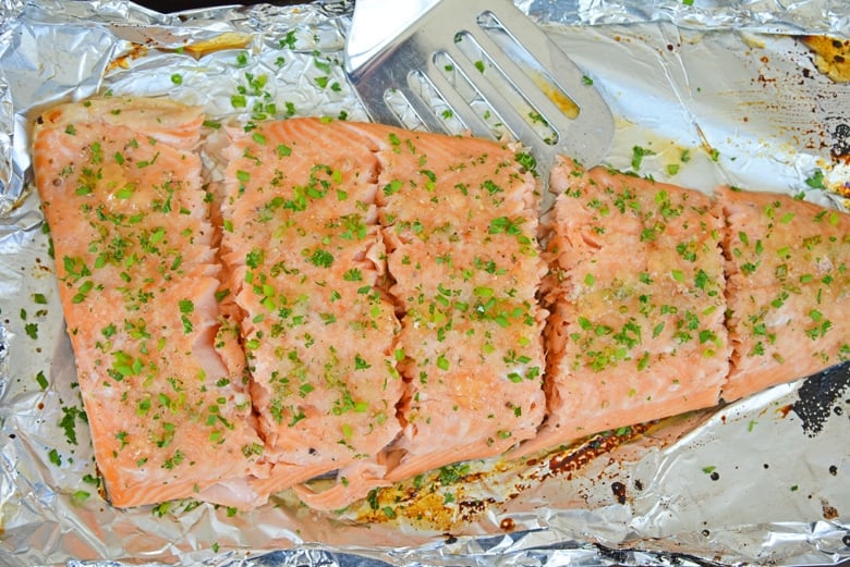 baked salmon filet cut into pieces