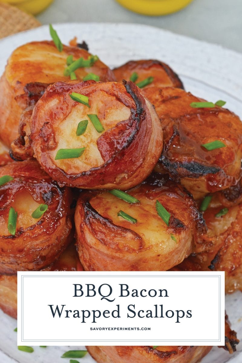 close up of BBQ bacon wrapped scallops 