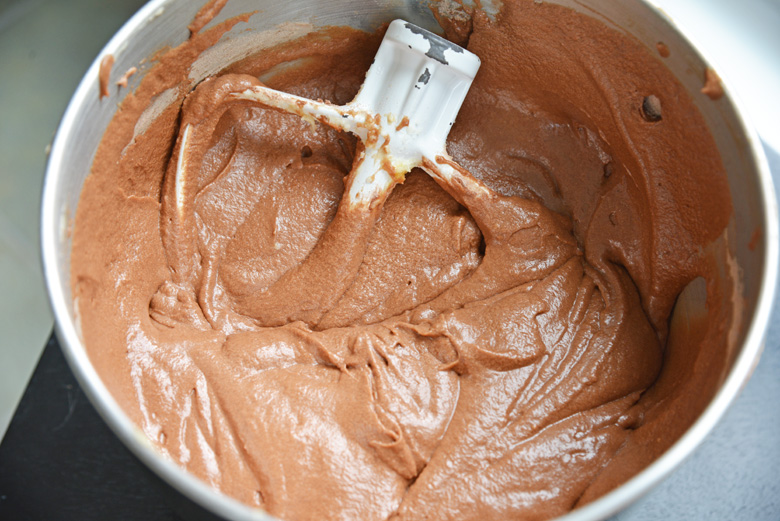 chocolate bundt cake batter in a mixing bowl 