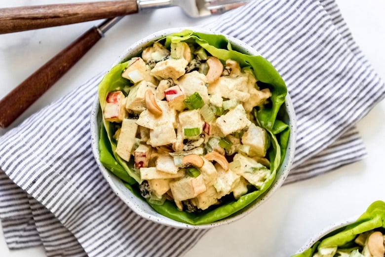 close up of chicken salad with cashews 