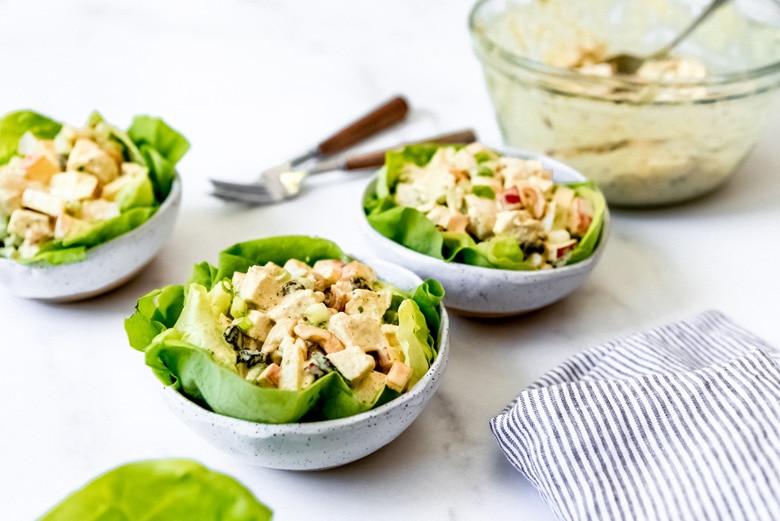 angle view of chicken salad in bowls 