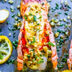 overhead shot of lemon garlic lobster tail