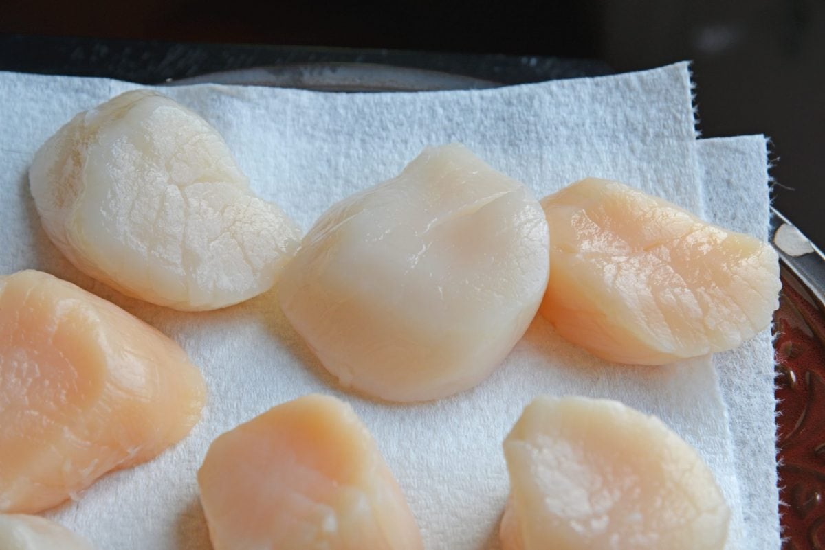 raw scallops on paper towels 