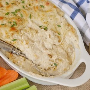 creamy hot crab dip in a casserole dish