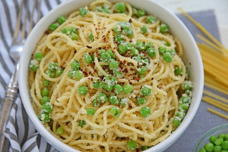 close up of noodles in a while pasta dish