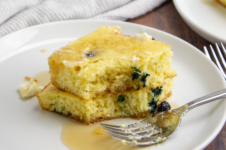 stack of sheet pan pancakes with a fork 