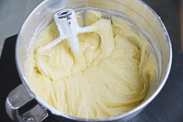 pound cake batter in mixer