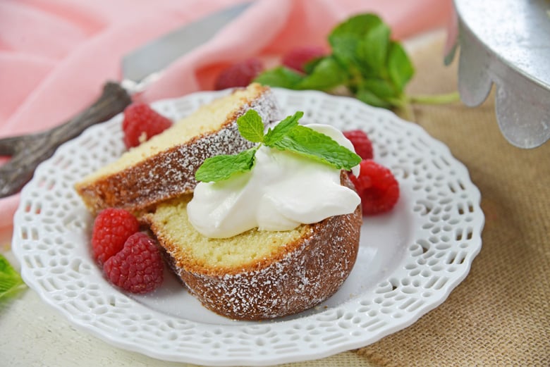 straight on shot of sliced sour cream pound cake