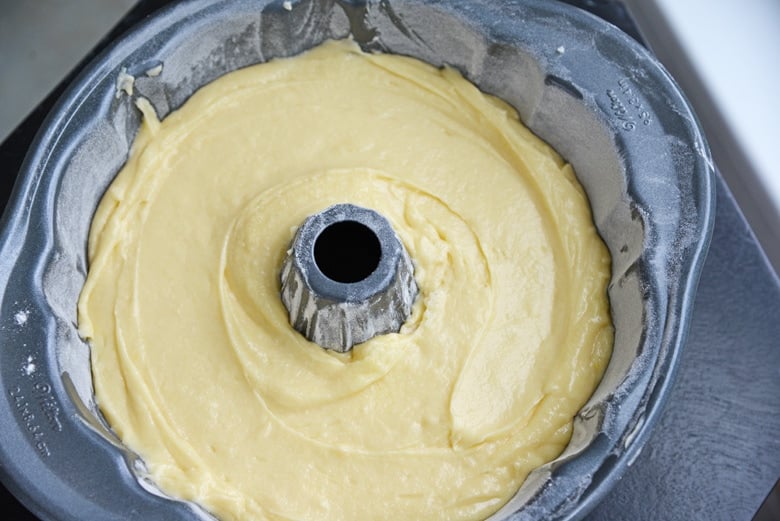 cake batter in a bundt pan 