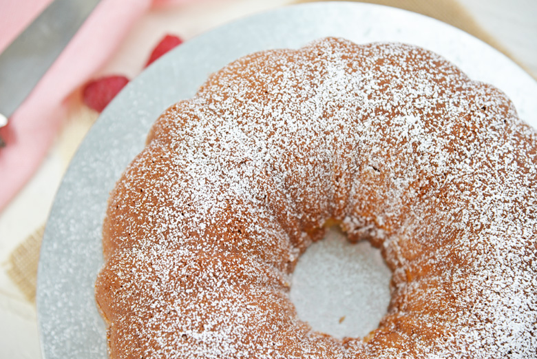 overhead shot of baked sour cream pound cake