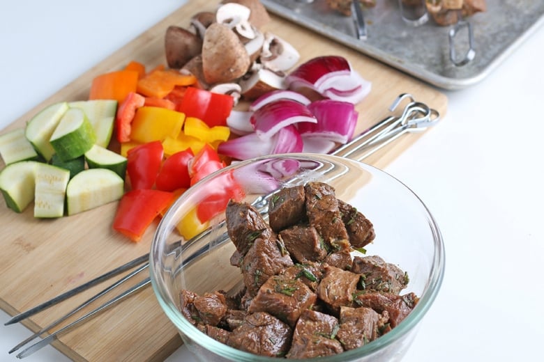 veggies and beef for kabobs 