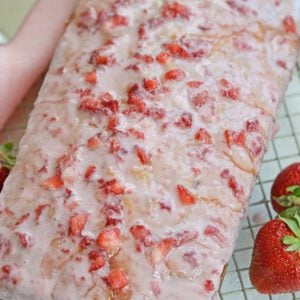 A close up of strawberry loaf pound cake