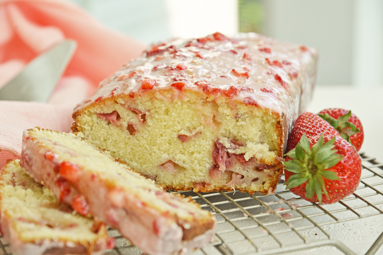 side view of a sliced strawberry pound cake 