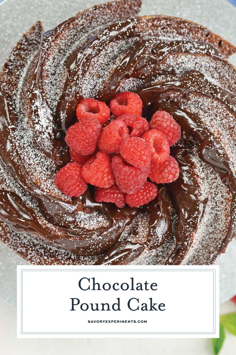 close up overhead of chocolate pound cake for pinterest  
