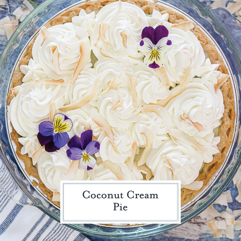 overhead of coconut cream pie with flowers 