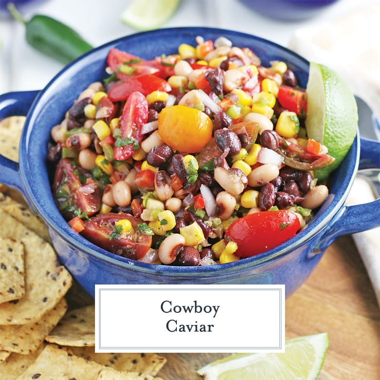 cowboy caviar in a blue serving bowl 