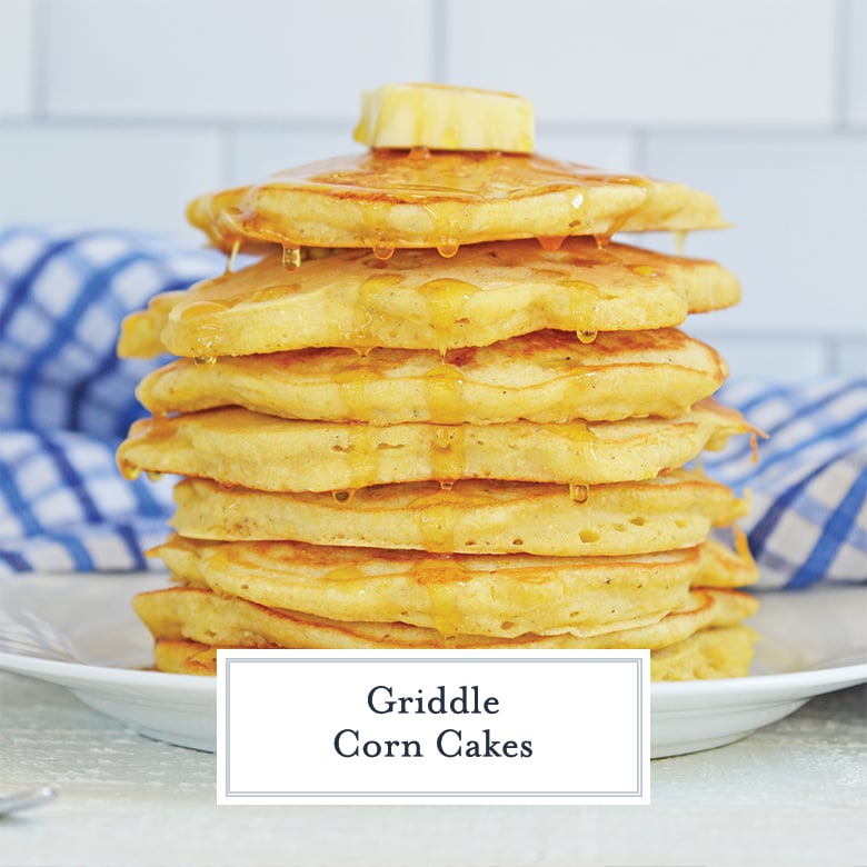 stack of corn cakes dripping with honey and butter
