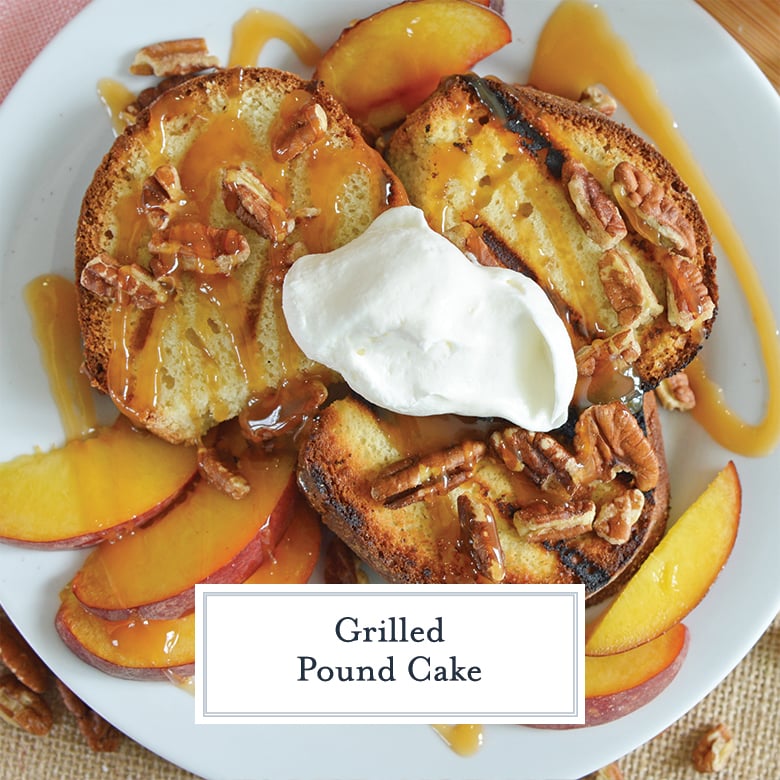 overhead of grilled pound cake with pecans, whipped cream and caramel sauce