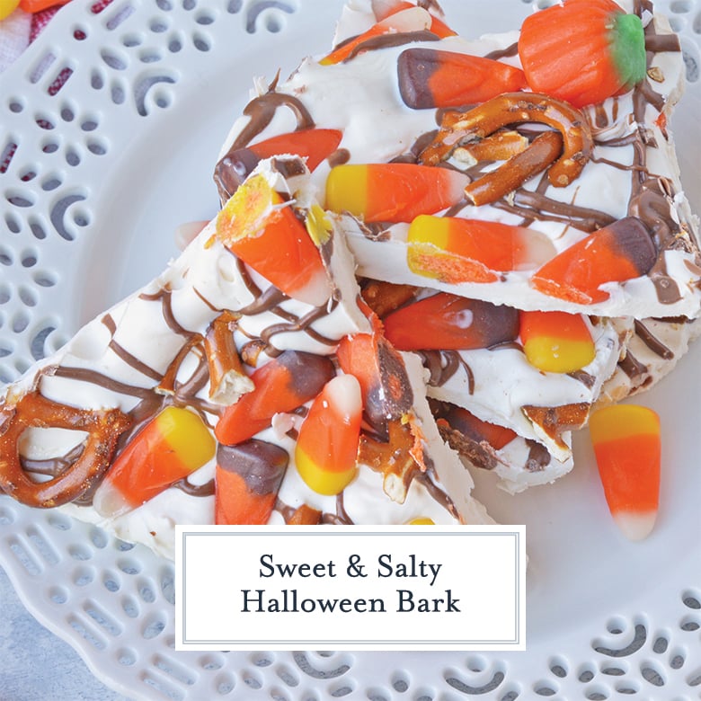 white bark with candy corn and pretzels