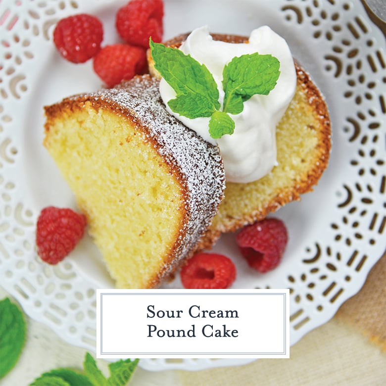 sliced pound cake with fresh whipped cream, mint and raspberries