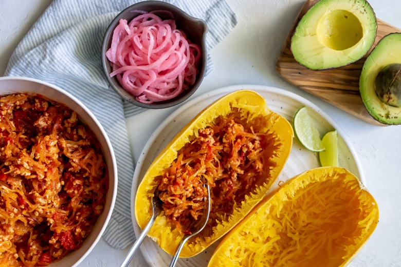 putting together spaghetti squash boat 